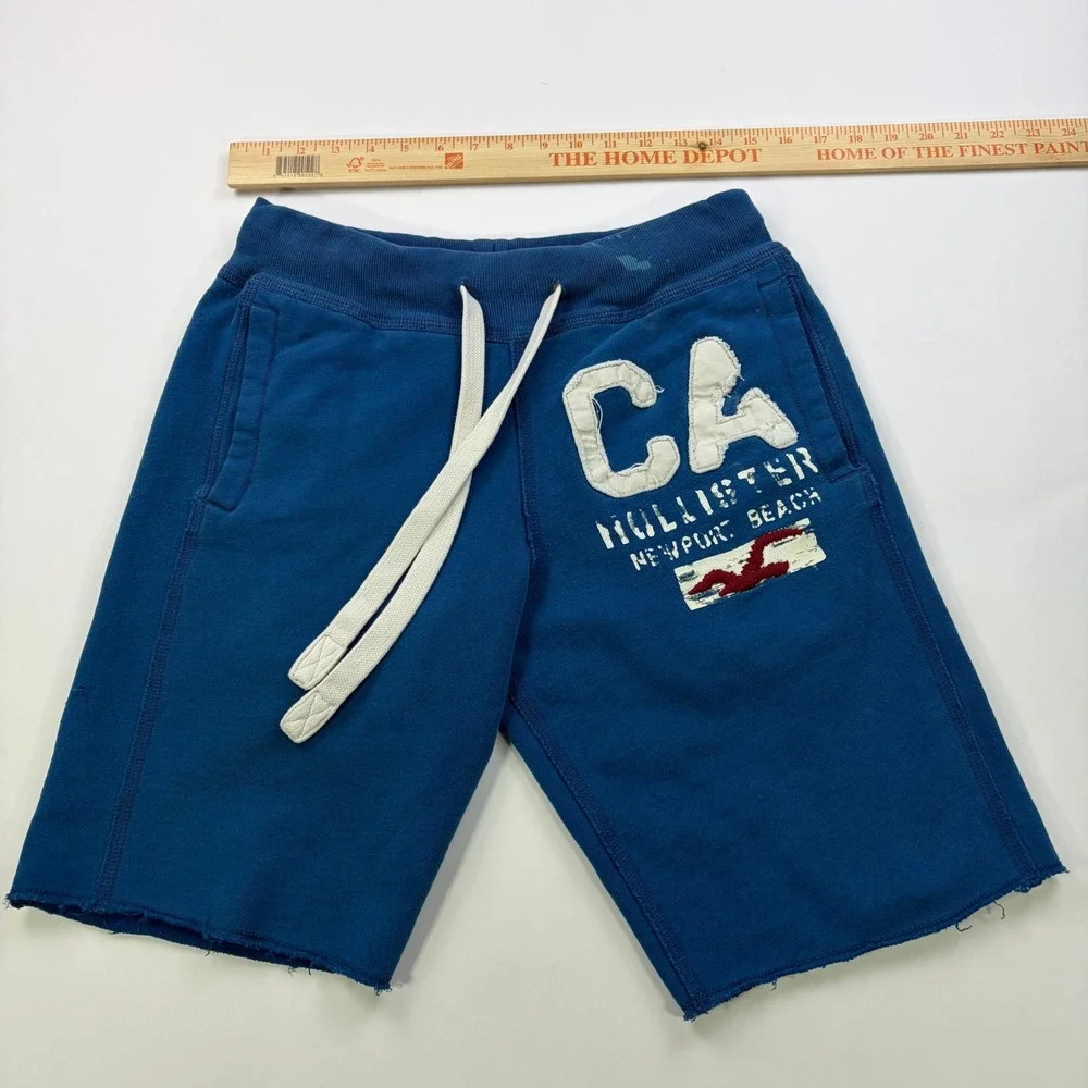 Y2K Hollister Newport Beach Cutoff Sweat Shorts Mens Small Blue Raw Hem CA Logo